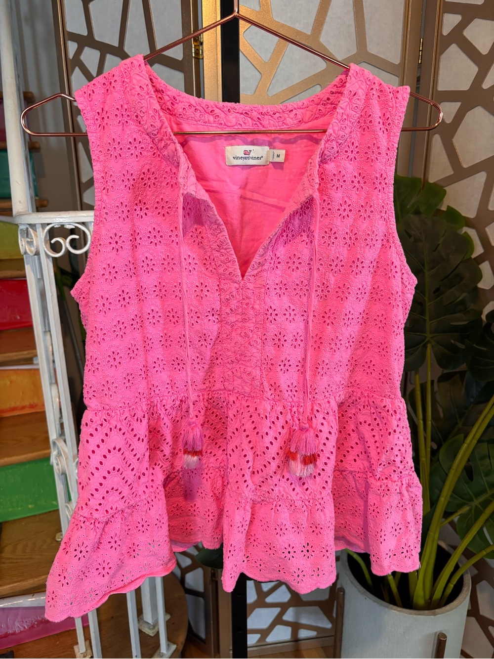 Vineyard Vines Hot Pink Eyelet Sleeveless Peplum Top